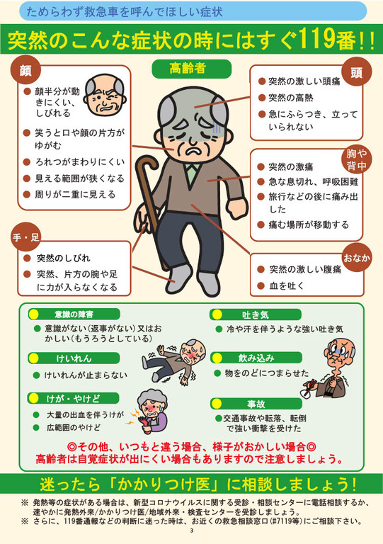 突然のこんな症状の時にはすぐ119番！！（高齢者）