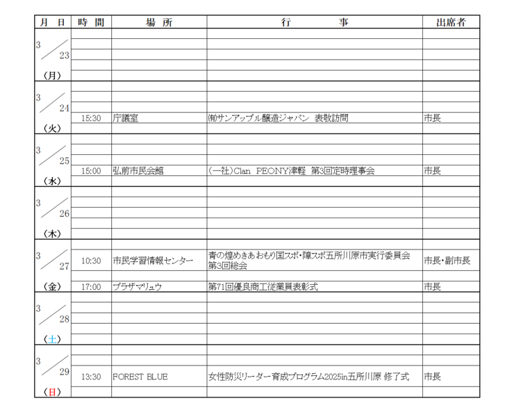 画像：市長等の週間日程