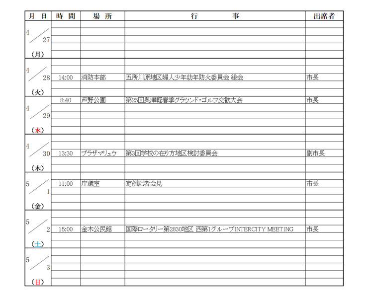 画像：市長等の週間日程