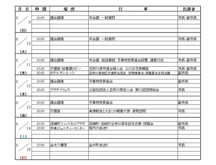 画像：市長等の週間日程