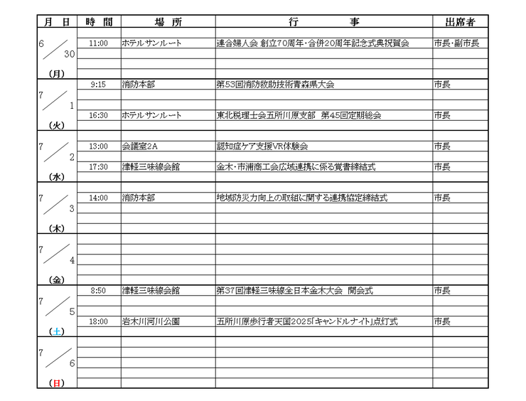 画像：市長等の週間日程