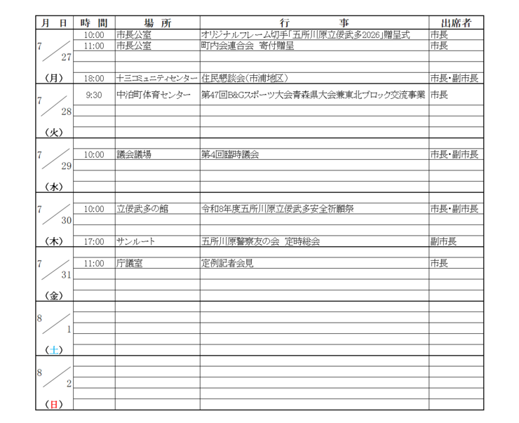 画像：市長等の週間日程