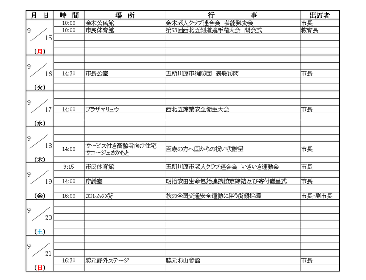画像：市長等の週間日程